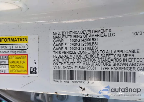 2021 Honda Accord Lx z USA, uszkodzony, nr VIN 1HGCV1F15MA120351